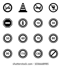 Solid vector icon set - no smoking sign vector, road cone, alcohol, way, pedestrian, speed limit 10, 30, 50, 60, 70, 80, 90, 110, 130, parking