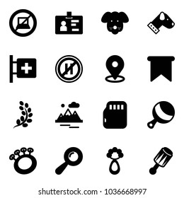 Solid vector icon set - no computer sign vector, identity, dog, first aid room, parking even road, map pin, flag, golden branch, mountains, micro flash card, beanbag