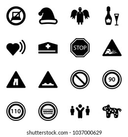 Solid vector icon set - no computer sign vector, christmas hat, angel, wine, heart beat, doctor, stop road, gravel, narrows, rough, prohibition, speed limit 90, 110, customs, team leader, toy horse