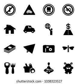 Solid vector icon set - no parkin odd, road for moto vector sign, dangerous cargo, end minimal speed limit, home, car, world, dollar, paper fly, photo, dragonfly, shovel fork toy, bucket, wirligig