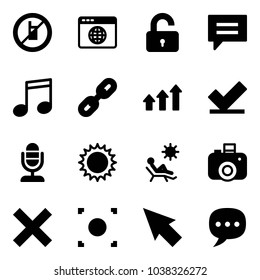 Solid vector icon set - no mobile sign vector, browser globe, unlocked, chat, music, link, arrows up, check, microphone, sun, beach, camera, delete, record button, cursor