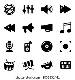 Solid vector icon set - no horn vector road sign, settings, volume max, fast forward, backward, loudspeaker, music, microphone, player, cd, record button, drum, xylophone, toy, piano