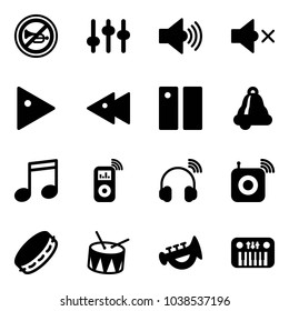 Solid vector icon set - no horn vector road sign, settings, volume max, off, play, fast backward, pause, bell, music, player, wireless headphones, speaker, tambourine, drum, toy, piano