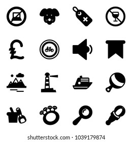 Solid vector icon set - no computer sign vector, dog, medical label, alcohol, pound, bike road, low volume, flag, mountains, lighthouse, cruiser, beanbag, shovel bucket