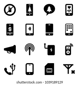 Solid vector icon set - no mobile sign vector, christmas, merry message, heart monitor, payment, phone, speaker horn, antenna, power bank, music player, sim, signal