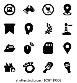 Solid vector icon set - no computer sign vector, dog, alcohol, map pin, flag, head bulb, golden branch, lighthouse, cruiser, mouse wireless, micro flash card, navigation, shovel bucket, beanbag