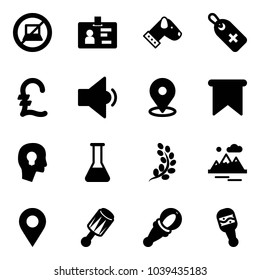 Solid vector icon set - no computer sign vector, identity, dog, medical label, pound, low volume, map pin, flag, head bulb, flask, golden branch, mountains, navigation, beanbag