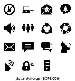 Solid vector icon set - no mobile sign vector, notebook connect, star letter, merry christmas message, volume medium, group, social, friends, mail, chat, dialog, satellite antenna, wireless lock