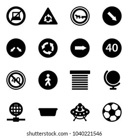 Solid vector icon set - no computer sign vector, round motion road, cart horse, detour, circle, only right, minimal speed limit, end, pedestrian way, jalousie, globe, basin, ufo toy, soccer ball