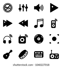 Solid vector icon set - no horn vector road sign, settings, volume max, play, fast forward, backward, music, player, wireless headphones, speaker, cd, record button, guitar, tambourine, toy piano