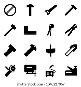 Solid vector icon set - no limit vector road sign, hammer, saw, sledgehammer, corner ruler, plumber, bolt cutter, screw, crown drill, tile, Angular grinder, jig, welding, stapler