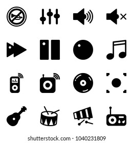 Solid vector icon set - no horn vector road sign, settings, volume max, off, fast forward, pause, record, music, player, wireless speaker, cd, button, guitar, drum, xylophone, radio
