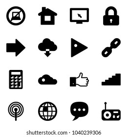 Solid vector icon set - no computer sign vector, home, monitor cursor, locked, right arrow, download cloud, play, link, calculator, finger up, stairs, antenna, globe, chat, radio