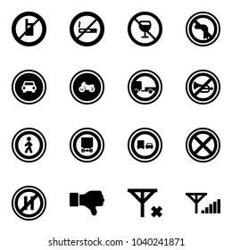 Solid vector icon set - no mobile sign vector, smoking, alcohol, left turn road, car, moto, trailer, horn, pedestrian, dangerous cargo, truck overtake, stop, parking even, dislike, signal, fine