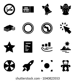 Solid vector icon set - no smoking sign vector, ticket, bell, angel, cash, prohibition road, left turn, cursor, star, document, growth, pyramid, parasol, rocket, record button, bear toy