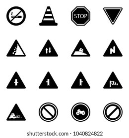 Solid vector icon set - no smoking sign vector, road cone, stop, giving way, landslide, oncoming traffic, steep roadside, abrupt turn right, intersection, side wind, gravel, prohibition, moto