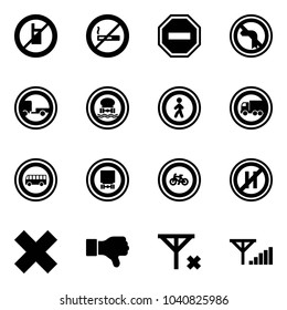 Solid vector icon set - no mobile sign vector, smoking, way road, left turn, trailer, dangerous cargo, pedestrian, truck, bus, bike, parking even, delete cross, dislike, signal, fine