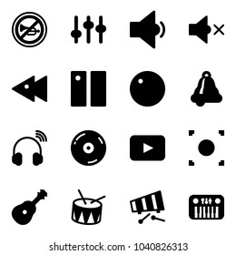 Solid vector icon set - no horn vector road sign, settings, low volume, off, fast backward, pause, record, bell, wireless headphones, cd, playback, button, guitar, drum, xylophone, toy piano
