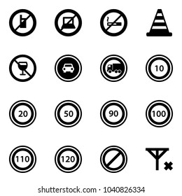 Solid vector icon set - no mobile sign vector, computer, smoking, road cone, alcohol, car, truck, speed limit 10, 20, 50, 90, 100, 110, 120, parking, signal