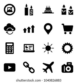 Solid vector icon set - no computer sign vector, candle, cake, refresh cloud, arrows up, map pin, cart, calculator, statistics monitor, sun, playback, link, plane, camera