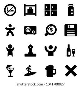 Solid vector icon set - no smoking sign vector, baggage room, vial, gymnastics, safe, money search, save, success, winner, wine, drink, surfing, beer, delete