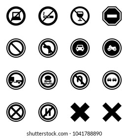 Solid vector icon set - no computer sign vector, smoking, alcohol, way road, prohibition, left turn, car, moto, trailer, dangerous cargo, back, overtake, stop, parking even, delete cross