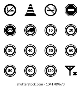 Solid vector icon set - no smoking sign vector, road cone, way, car, truck, speed limit 10, 20, 30, 40, 50, 60, 80, 90, 120, signal