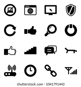 Solid vector icon set - no computer sign vector, browser globe, monitor cursor, shield, reload, like, magnifier, standby, finger up, stairs, dialog, lounger, wi fi router, clock, link, fine signal