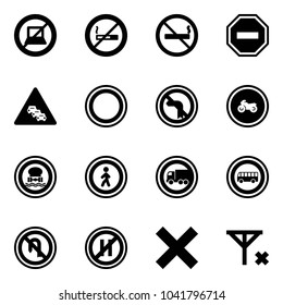 Solid vector icon set - no computer sign vector, smoking, way road, multi lane traffic, prohibition, left turn, moto, dangerous cargo, pedestrian, truck, bus, back, parking even, delete, signal