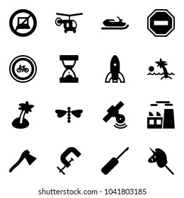 Solid vector icon set - no computer sign vector, helicopter, snowmobile, way road, bike, sand clock, rocket, palm, dragonfly, satellite, plant, axe, clamp, awl, toy unicorn stick
