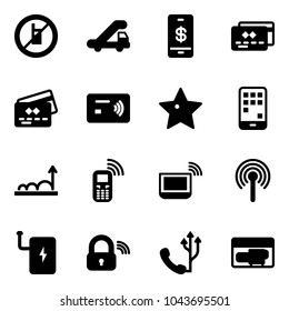 Solid vector icon set - no mobile sign vector, trap truck, payment, credit card, tap pay, star, growth, phone, notebook wi fi, antenna, power bank, wireless lock, generator