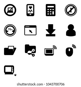 Solid vector icon set - no computer sign vector, mobile heart monitor, calculator, parkin odd, limited distance road, cursor browser, download, user, folder, shared, notebook wi fi, mouse wireless