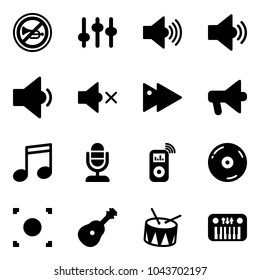 Solid vector icon set - no horn vector road sign, settings, volume max, medium, low, off, fast forward, loudspeaker, music, microphone, player, cd, record button, guitar, drum, toy piano
