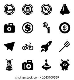 Solid vector icon set - no trailer vector road sign, dangerous cargo, end minimal speed limit, bell, camera, dollar, world, paper fly, bike, rocket, farm fork, pyramid toy, wirligig, monster