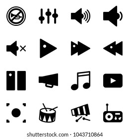 Solid vector icon set - no horn vector road sign, settings, volume max, low, off, play, fast forward, backward, pause, loudspeaker, music, playback, record button, drum, xylophone, radio