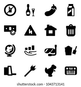 Solid vector icon set - no mobile sign vector, wine, eggplant, milk, cash, home, trash bin, globe, growth, diving, bucket scoop, water power plant, wood drill, dinosaur toy, piano