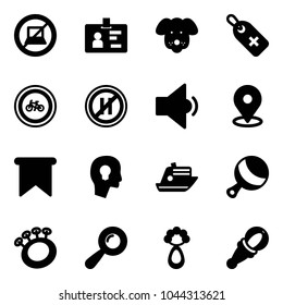 Solid vector icon set - no computer sign vector, identity, dog, medical label, bike road, parking even, low volume, map pin, flag, head bulb, cruiser, beanbag