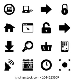 Solid vector icon set - no computer sign vector, notebook connect, right arrow, lock, home, cursor browser, unlocked, download, magnifier, basket, mobile, satellite antenna, binary code, clock