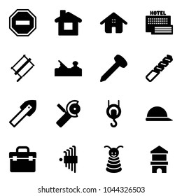 Solid vector icon set - no way vector road sign, home, sea hotel, bucksaw, jointer, nail, drill, tile, Angular grinder, winch, construction helmet, tool box, allen key set, pyramid toy, block house