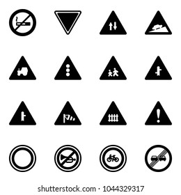 Solid vector icon set - no smoking sign vector, giving way road, oncoming traffic, climb, tractor, light, children, intersection, side wind, railway, attention, prohibition, horn, bike