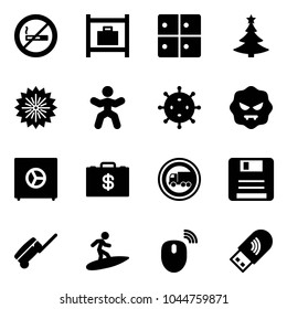 Solid vector icon set - no smoking sign vector, baggage room, christmas tree, firework, gymnastics, virus, safe, money case, truck road, save, suitcase, surfing, mouse wireless, usb wi fi