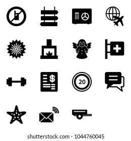 Solid vector icon set - no mobile sign vector, post, safe, plane globe, firework, fireplace, angel, first aid room, barbell, account statement, speed limit 20 road, chat, starfish, wireless mail
