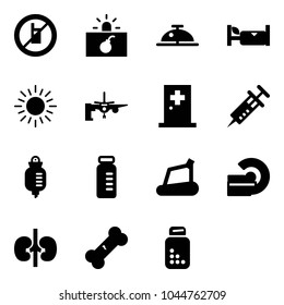 Solid Vector Icon Set - No Mobile Sign Vector, Terrorism, Client Bell, Hotel, Sun, Boarding Passengers, First Aid Room, Syringe, Drop Counter, Vial, Treadmill, Mri, Kidneys, Broken Bone