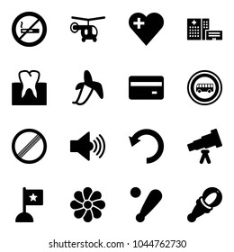 Solid vector icon set - no smoking sign vector, helicopter, heart, hospital building, tooth, banana, credit card, bus road, limit, volume max, undo, telescope, flag, flower, baseball bat, beanbag