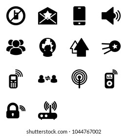 Solid vector icon set - no mobile sign vector, star letter, phone, volume medium, group, man globe, arrow up, first satellite, information exchange, antenna, music player, wireless lock