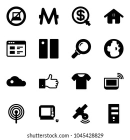 Solid vector icon set - no computer sign vector, monero, money click, home, website, pause, magnifier, globe, cloud, finger up, t shirt, notebook wi fi, antenna, monoblock pc, satellite, server
