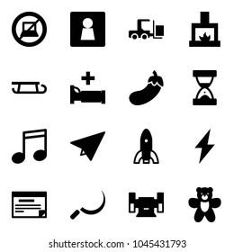 Solid vector icon set - no computer sign vector, female wc, fork loader, fireplace, sleigh, hospital bed, eggplant, sand clock, music, paper plane, rocket, lightning, schedule, sickle, sharpening