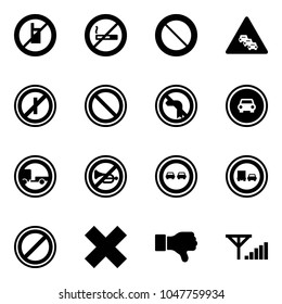 Solid vector icon set - no mobile sign vector, smoking, prohibition road, multi lane traffic, parkin odd, left turn, car, trailer, horn, overtake, truck, parking, delete cross, dislike, fine signal