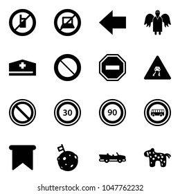 Solid vector icon set - no mobile sign vector, computer, left arrow, angel, doctor hat, prohibition road, way, slippery, speed limit 30, 90, bus, flag, moon, cabrio, toy horse