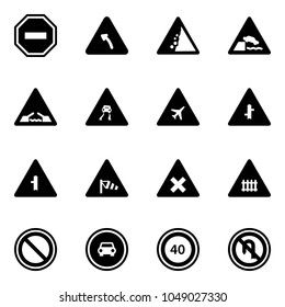 Solid vector icon set - no way vector road sign, turn left, landslide, embankment, drawbridge, slippery, airport, intersection, side wind, railway, prohibition, car, speed limit 40, back